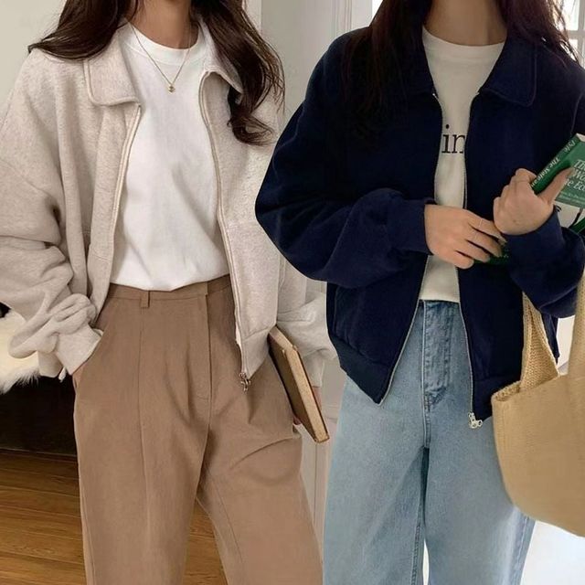 여성 심플 카라 맨투맨 집업 루즈핏 자켓 아우터 2색