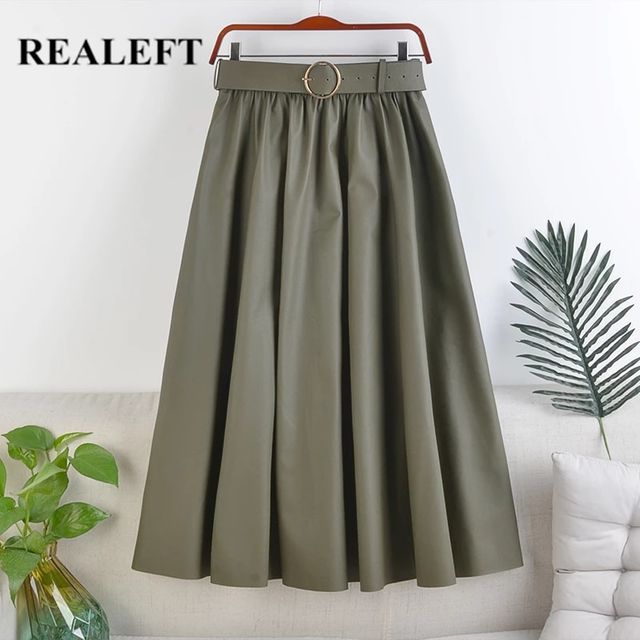 Relieft 가을 겨울 인조 PU 가죽 mi-롱 스커트 벨트