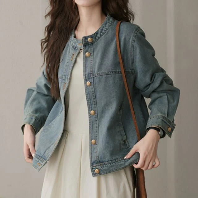여성 데일리 라운드넥 데님 자켓