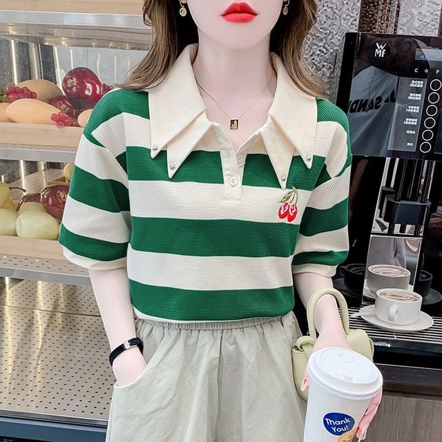 배색 구슬 더블 레이어 칼라 스트라이프 티셔츠
