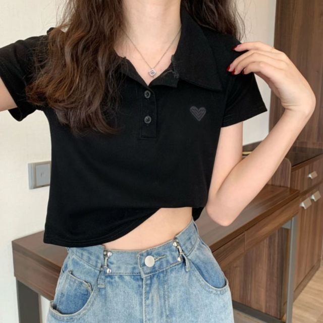 카라넥 자수 여성 반팔 크롭 상의 여름티 4컬러