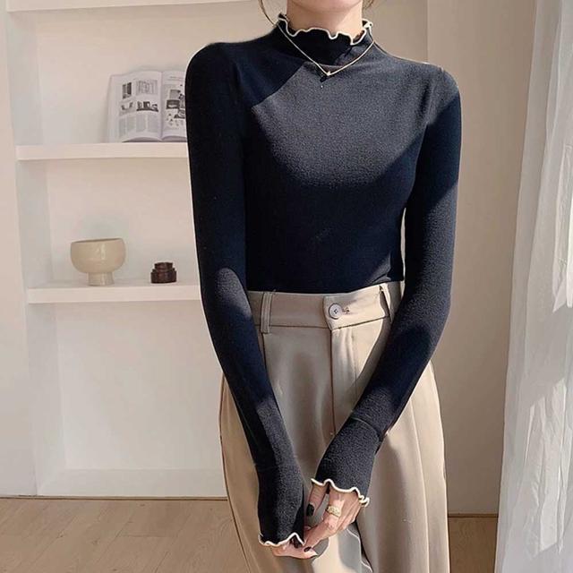 물결 디자인 약기모 티셔츠 긴팔 목폴라 데일리 여성