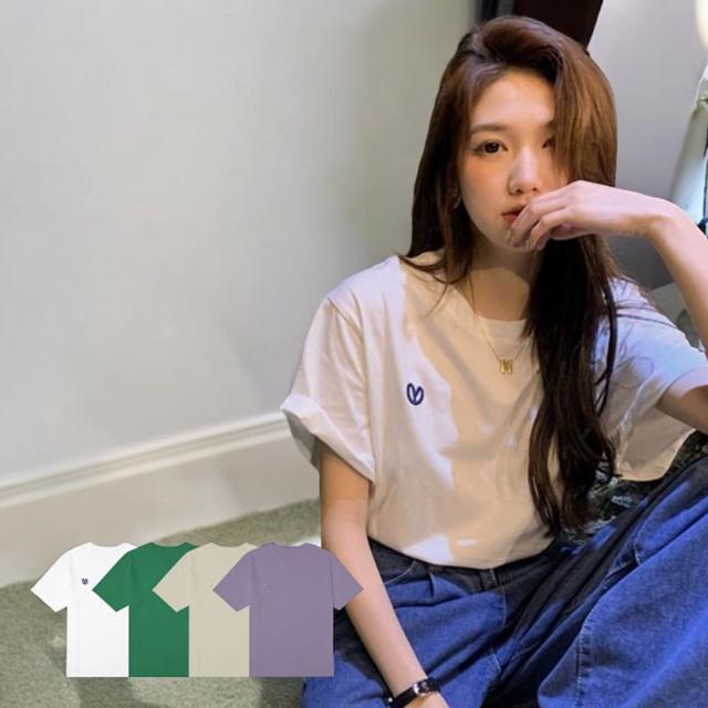 베르 하트 자수 반팔 티셔츠 - 캐주얼 여성 반팔티