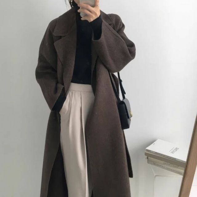겨울 울 롱코트 여성 모직 코트 카라 허리끈 벨트형 무지 데일리 하객룩 아우터