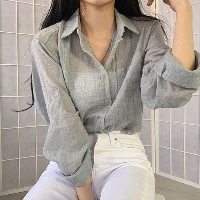 얇은 베이직 여름셔츠 린넨 시스루 긴팔 여성 블라우스