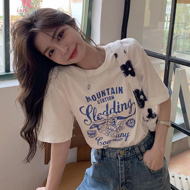 여성 박스핏 프린팅 라운드넥 면 반팔 티셔츠