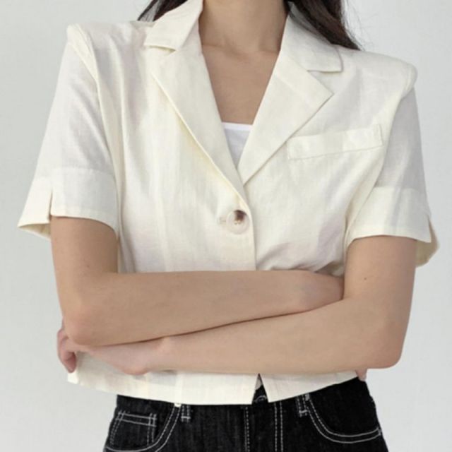 여성용 린넨 크롭 반팔 재킷 여름용 세미 오피스 자켓