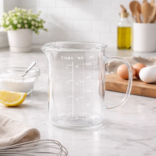 혜명몰 마카 내열유리 계량컵 500ml 주방비이커 미리리터컵 손잡이계량컵 계란믹싱컵 베이킹컵