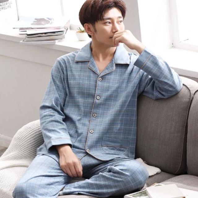 남자 체크 카라 잠옷 상하의 세트 블루 홈웨어세트