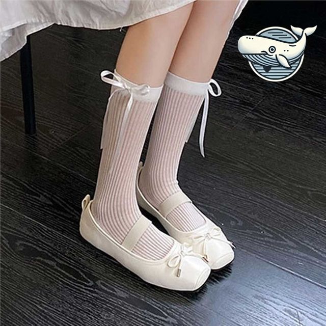 여성용 발레 스타일 리본끈 중목 양말 편안한