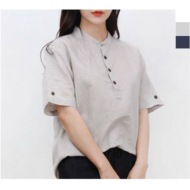 여자 헨리넥 린넨 반팔 셔츠 1P 빅사이즈 티셔츠