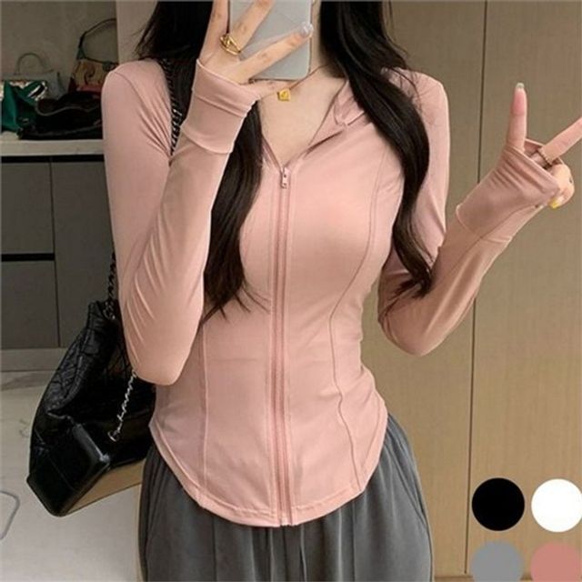 여성 손가락 고리 집업 여성 썸홀 집업 폴리에스터 데일리 슬림핏 후드 상의 애슬레저룩 아웃도어 필라테스