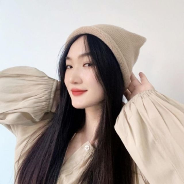 브라운 겨울 모자 롤업 스트링 니트 비니