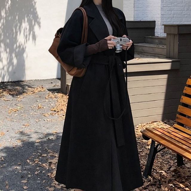 블랙 여성 스트링 허리끈 오픈형 코트 가을 겨울 페미닌 롱 아우터 자켓