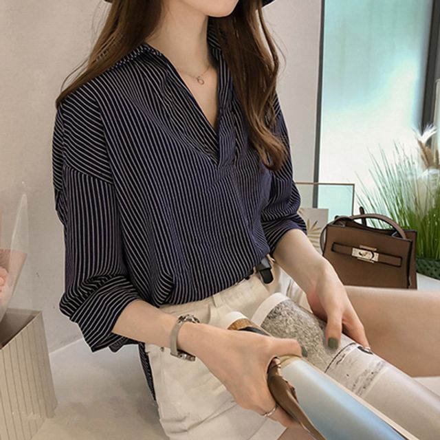 반오픈 카라 세로 줄무늬 5부 셔츠