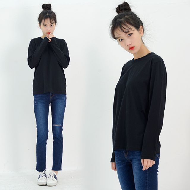 여성 긴팔 면 티셔츠 빅사이즈, 기본 라운드 롱티셔츠