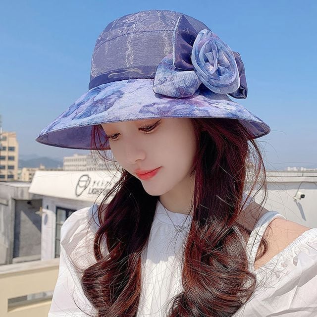 여성 버킷햇 나염무늬 오간자 플라워, 사파리모자 엄마모자