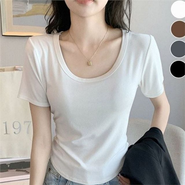 얇은 여성 반팔 티셔츠 베이직 여성 유넥 티셔츠 데일리 여름
