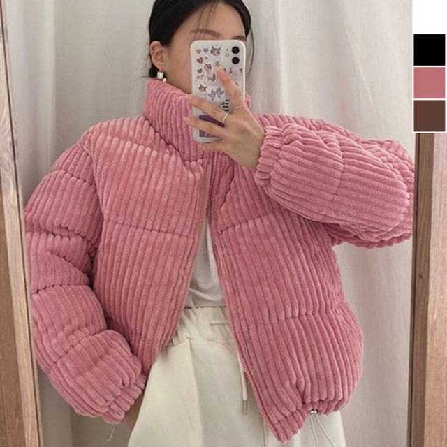 여성 골덴 하이넥 스트링 숏패딩 1P 겨울 코듀로이
