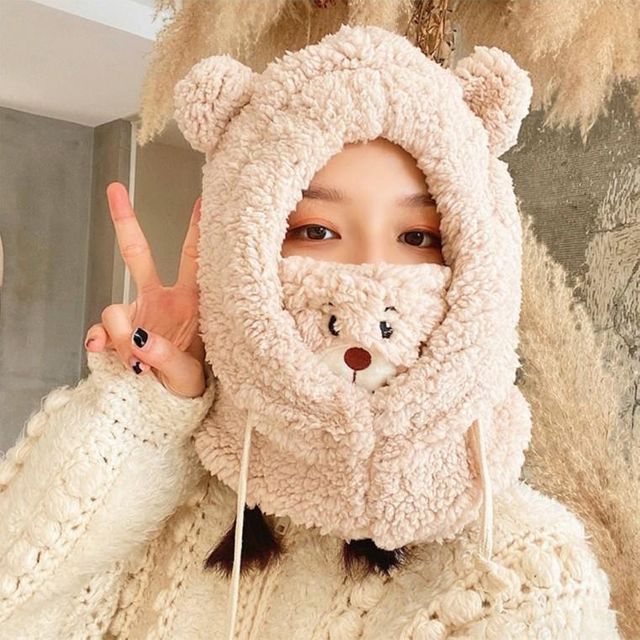곰인형 모자+ 마스크 일체형 겨울모자 넥워머 털모자 크리스마스 보온 어린이모자 귀달이모자