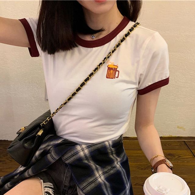 귀여운 앞뒤 프린팅 여름 슬림핏 크롭 반팔 티셔츠