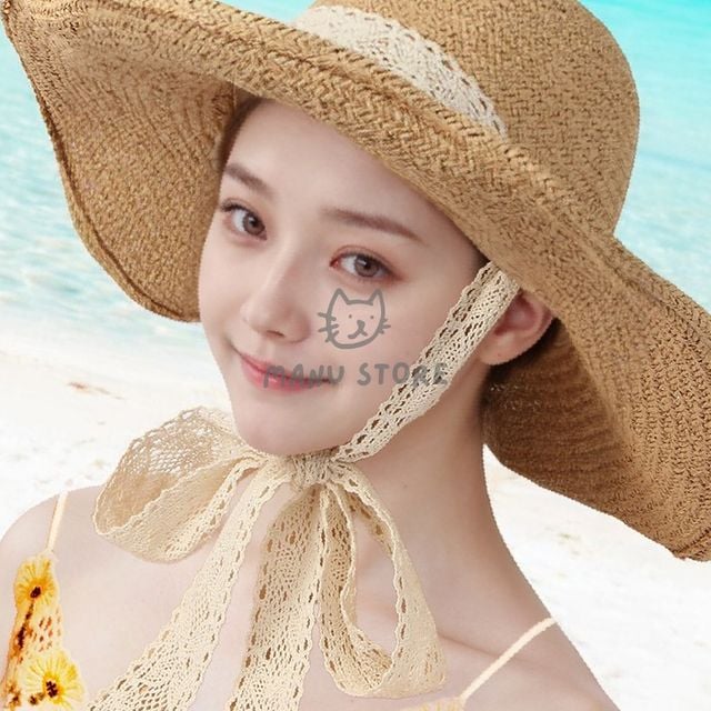 여름모자 끈모자 리본 비치모자 브라운