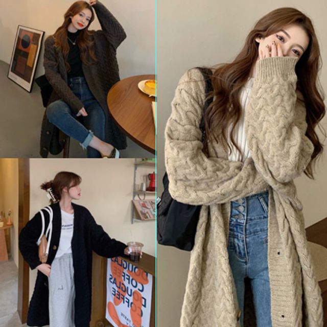 여성 루즈핏 따뜻한 꽈배기 롱가디건