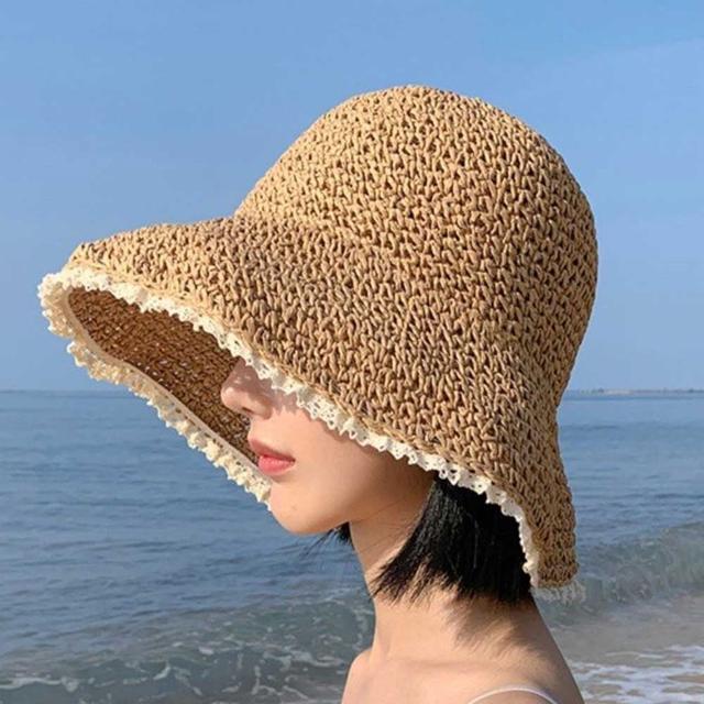 햇빛차단 배색 레이스 밀짚모자 여름 여행 휴양지코디