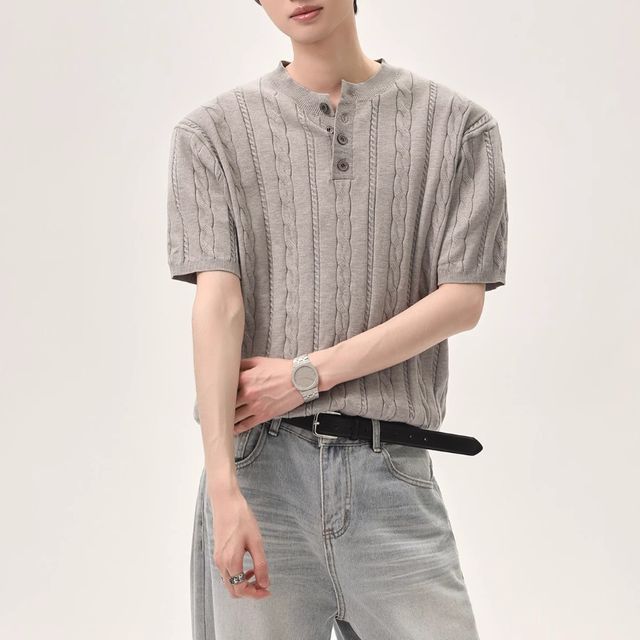 벗우 케이블 반팔니트 헨리넥 남성 여름 빅사이즈 그레이
