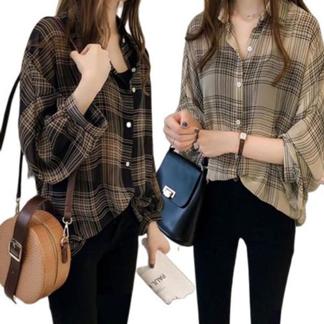 샤르르한 루즈핏 체크 셔츠 블라우스 오버핏 여성긴팔티셔츠