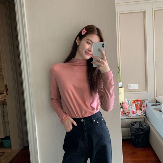 여성 무지 반폴라 긴팔티셔츠 이너 반넥 긴팔티 4컬러