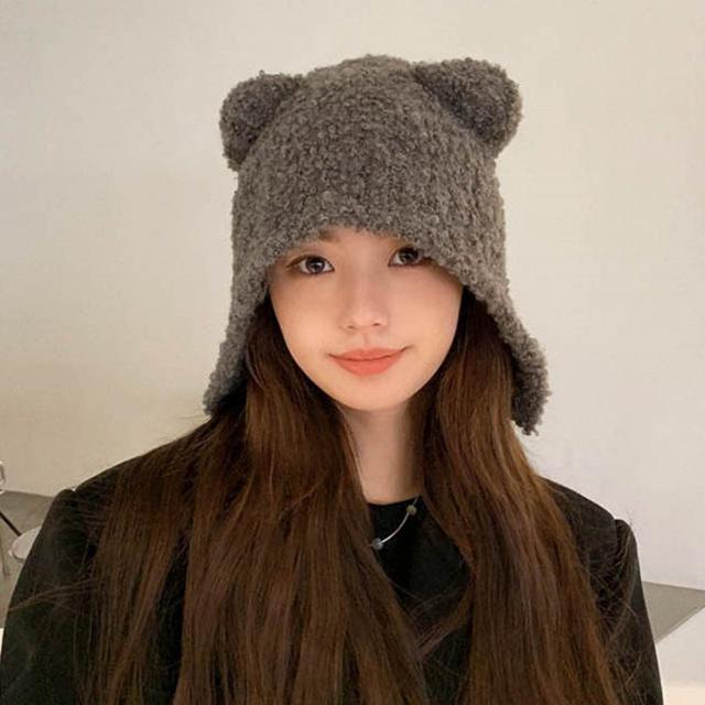 곰돌이 귀 캐주얼 포근하고 귀여운 겨울 털 모자
