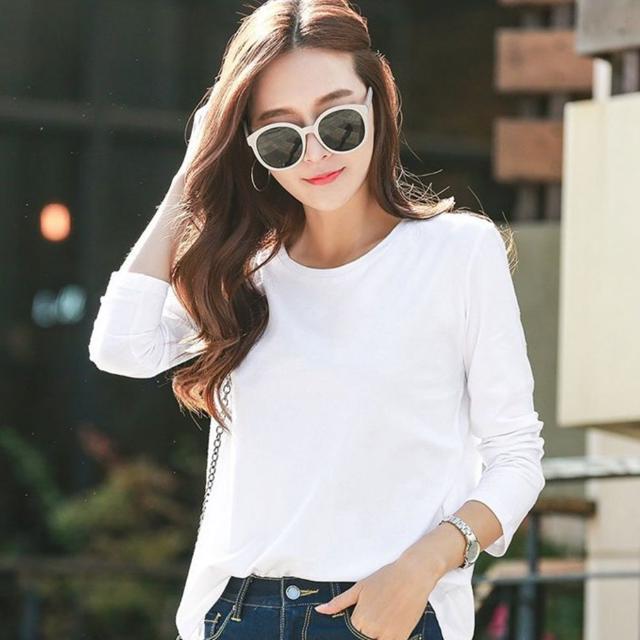 여성 무지 브이넥 라운드넥 긴팔 티셔츠