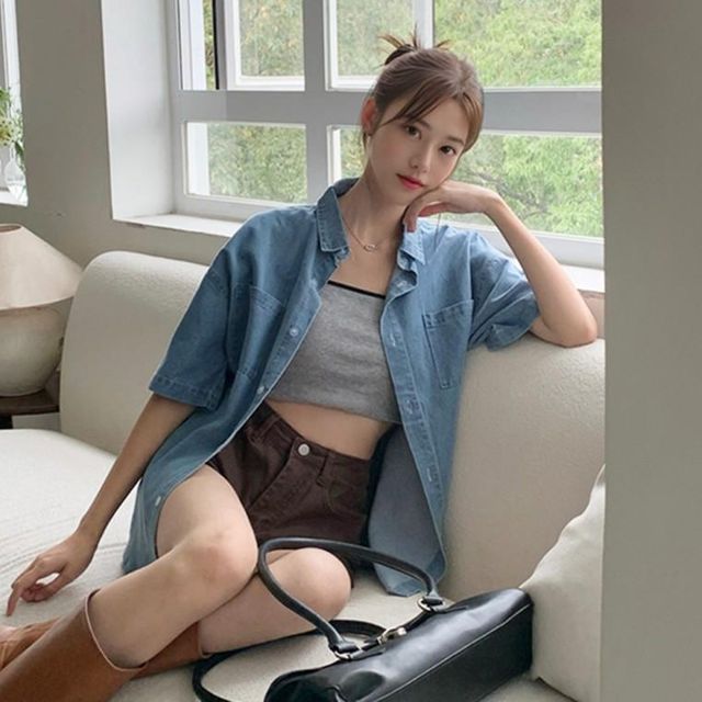 남녀공용 5부 데님 반팔셔츠 루즈핏 청남방 썸머 블루 예쁜핏