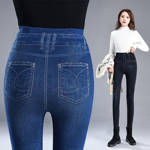 여성 편안한 페이크 데님 패션 블랙 블루 스판 레깅스