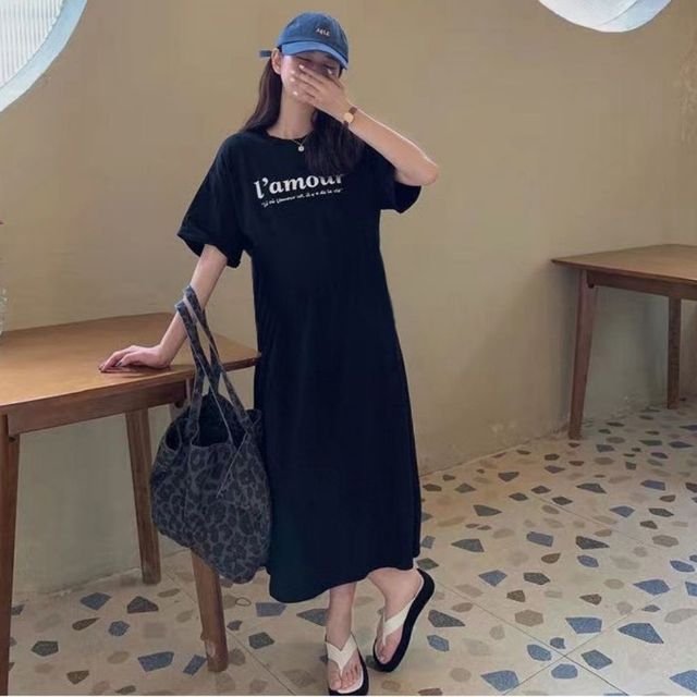 레터링 롱원피스 밑단트임 홈웨어룩 반팔원피스 여자