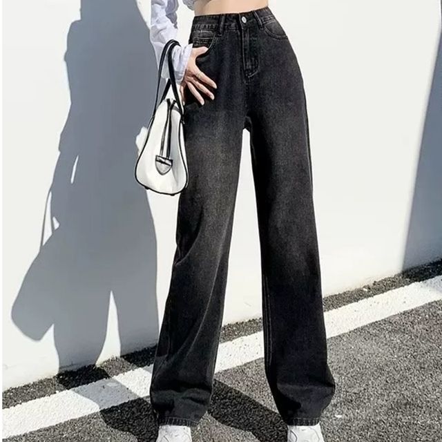 여성 시크 블랙 빈티지워싱 일자핏 데님팬츠 청바지