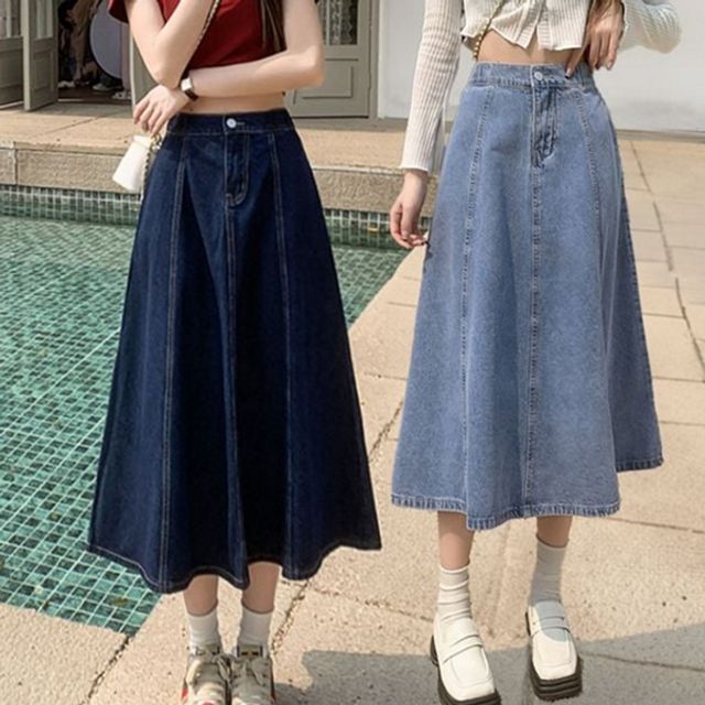 플레어 청 빅사이즈 데일리 데님 뒷밴딩 롱 치마 스커트