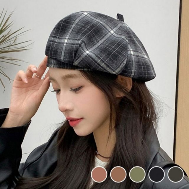 여성 간절기 체크 패턴 베레모 빈티지 스타일 포인트 모자