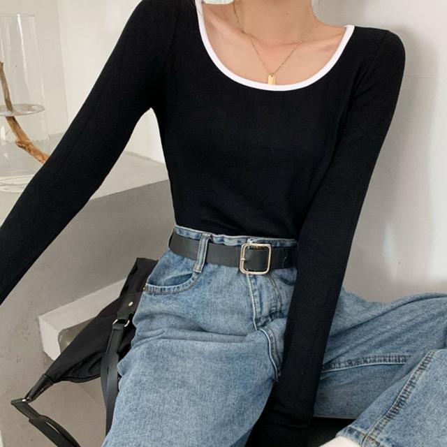 배색 넥라인 크롭 긴팔 티셔츠 심플 슬림핏 긴팔티