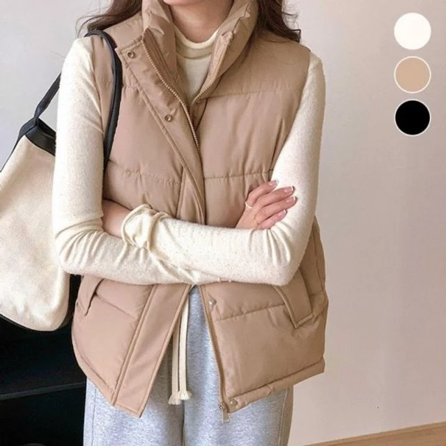 레이디스 지퍼후드 포켓디테일 심플 베이직솔리드베스트 다운 다운 웰론 슬리브리스탑