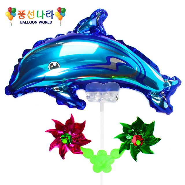 돌고래 캐릭터 바람개비 풍선 핑크 블루 파티 손잡이 벌룬 놀이동산