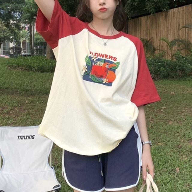 캐주얼 나그랑 반팔티셔츠 배색 라운드 티