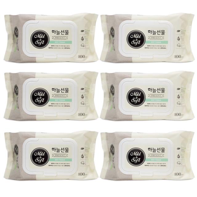 하늘선물 물티슈 캡형 100매x6개 휴대형 유아 아기