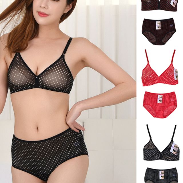 홑겹 도트 망사 노와이어 여성 브라팬티 B컵세트