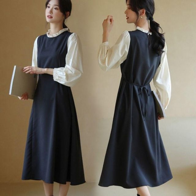 여성용 시스루 넥라인 허리끈 드레스 장팔 미니스커트 플레어스커트 솔리드 면원피스시즌 데일리룩 라운드