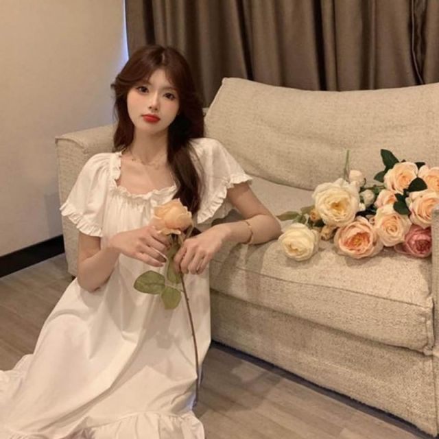 WL 프릴 실크 이지웨어 반팔 원피스 잠옷 촉감 좋은 사계절 넥 셔링 여리여리 리본 디테일