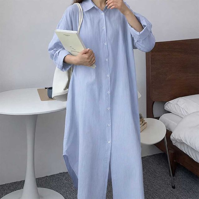 여성 오버핏 셔츠 롱원피스 카라 버튼 롱남방 캐주얼 원피스