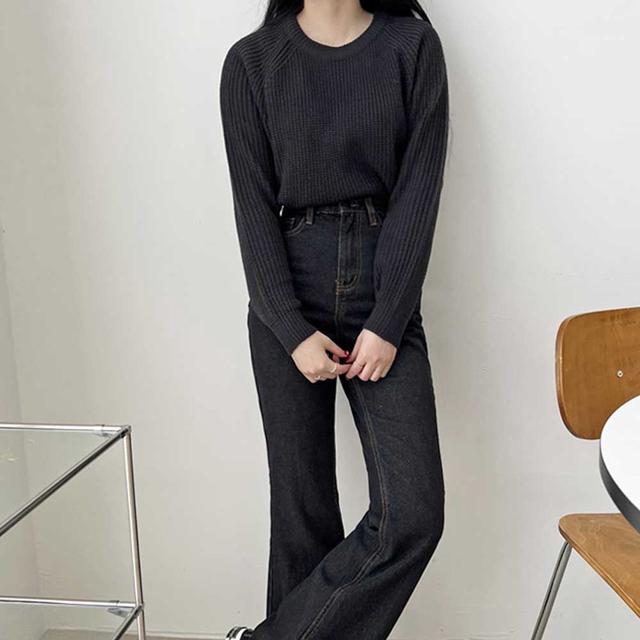 데일리 라운드넥 니트웨어 시보리 디테일 긴팔 티셔츠