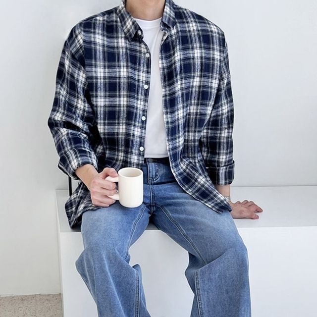 데일리 남자 체크 셔츠 오버핏 블라우스 남성 셔츠 남성남방셔츠 남성셔츠블라우스 남성브라우스
